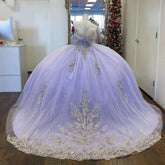 Lavender Off-Shoulder Ball Gown with Lace Appliques & Beaded Sparkle Quinceanera or Sweet 16 Evening Dress